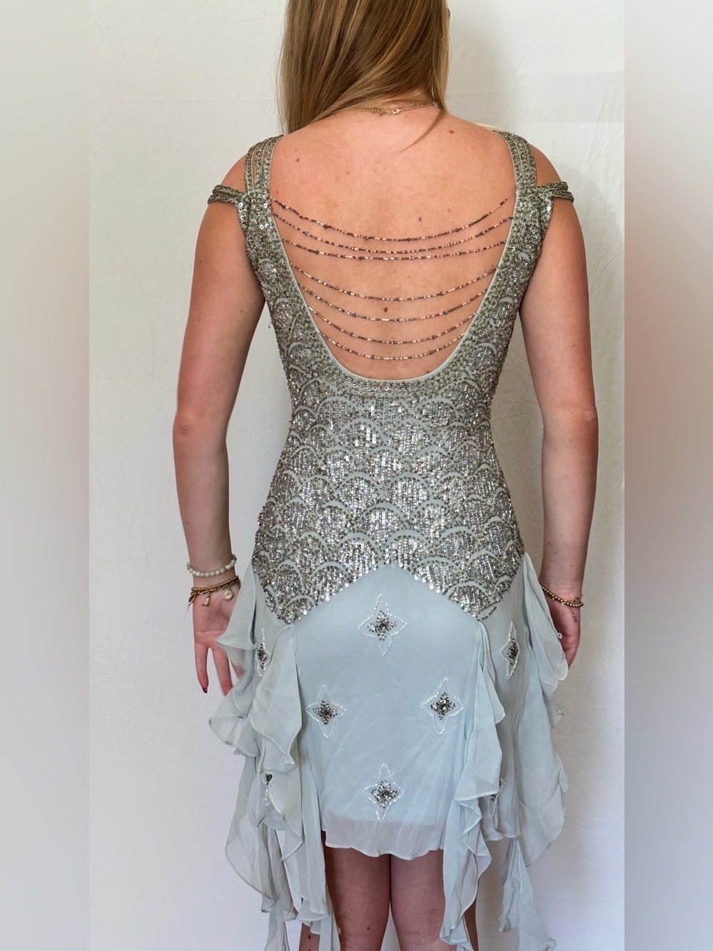 Sue Wong Silver-Beaded Pale Sage Cold-Shoulder Mini Dress - Picture 2 of 5
